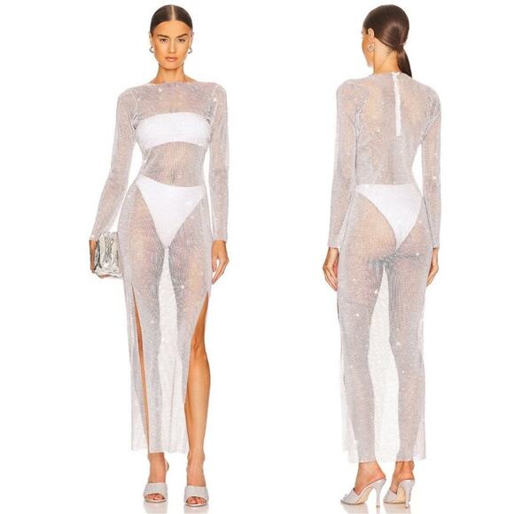 Santa Brands Diamond Maxi Dress in White Silver Crystal Mesh Coverup Gown - Picture 1 of 8